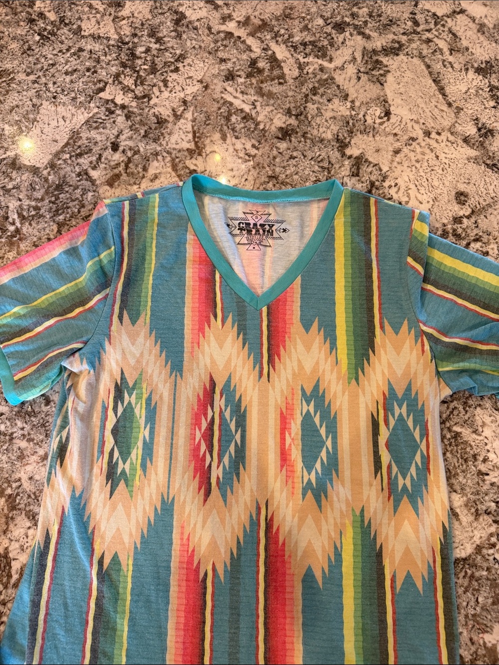 Crazy Train Teal Southwestern V-Neck Stripe Top